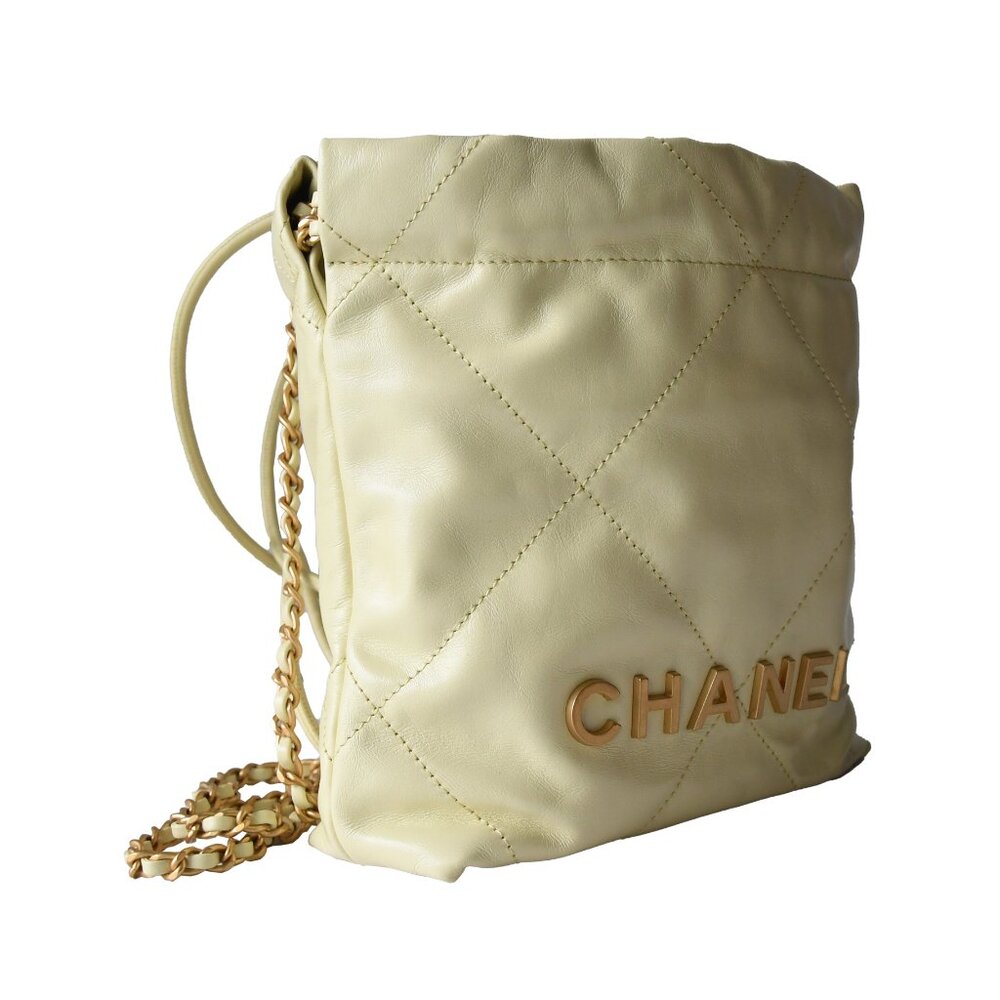 Chanel Shiny Calfskin Quilted Mini Chanel 22 Tote Bag Gold Hardware Light Yellow - Picture 3 of 4